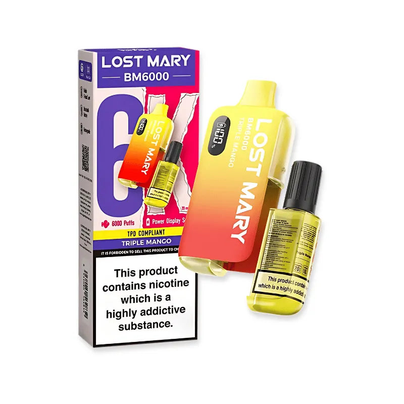 lost mary bm6000 vape triple mango vaping device and packaging on a white background