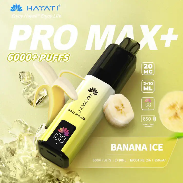 Hayati Pro Max+ vape device with banana ice flavor on a green background