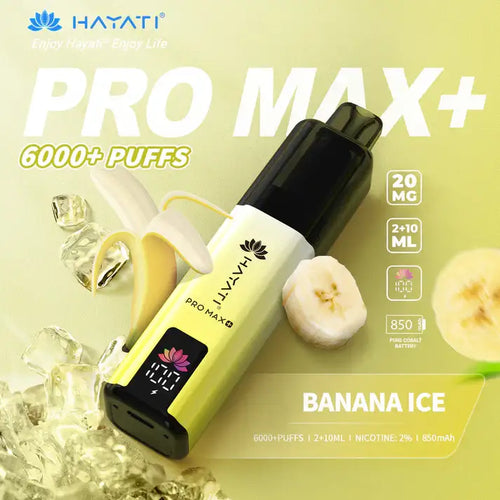 Hayati Pro Max+ vape device with banana ice flavor on a green background