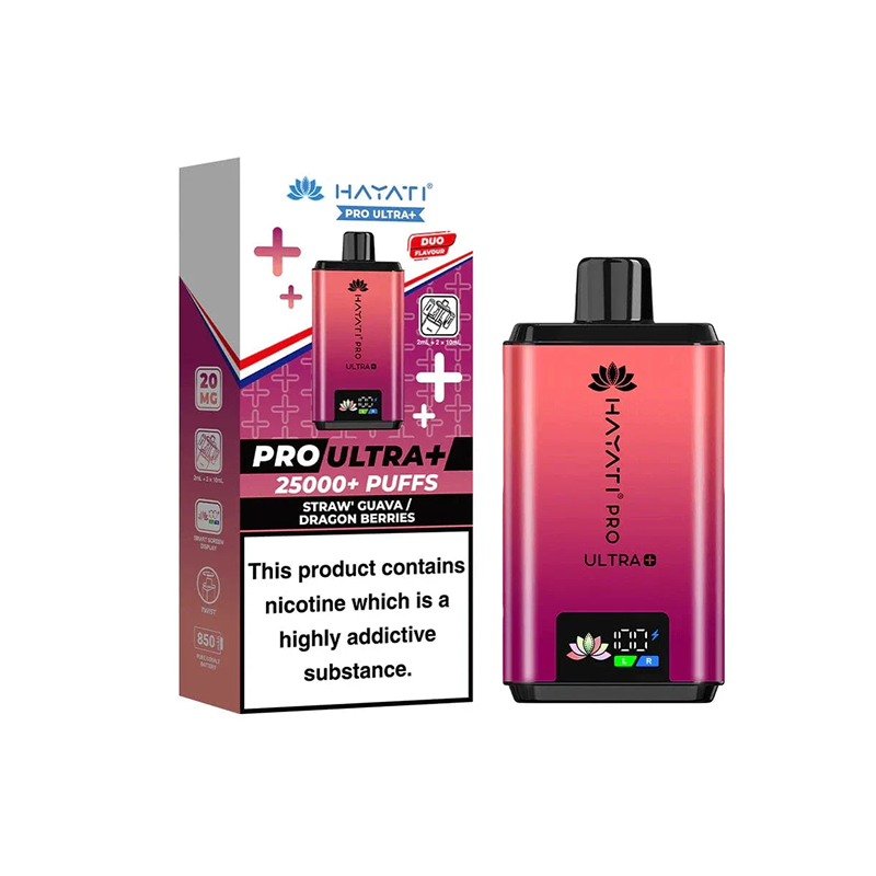 Hayati Pro Ultra+ vape device and packaging on a white background