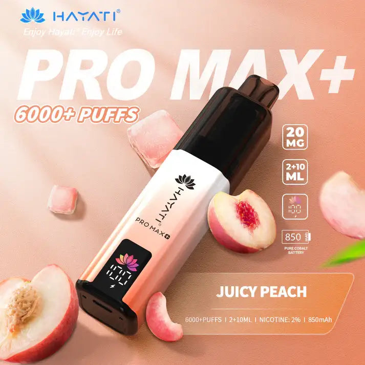  Hayati Pro Max Plus 6000 vape between Juicy Peach 