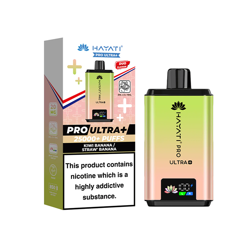 Hayati Pro Ultra+ Kiwi Banana and Straw Banana vape device and packaging on a white background