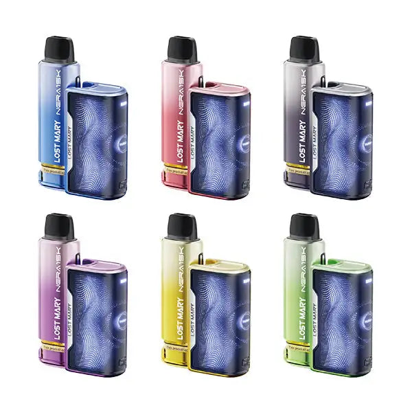 Collection of Lost Mary vape devices in various colors on a white background