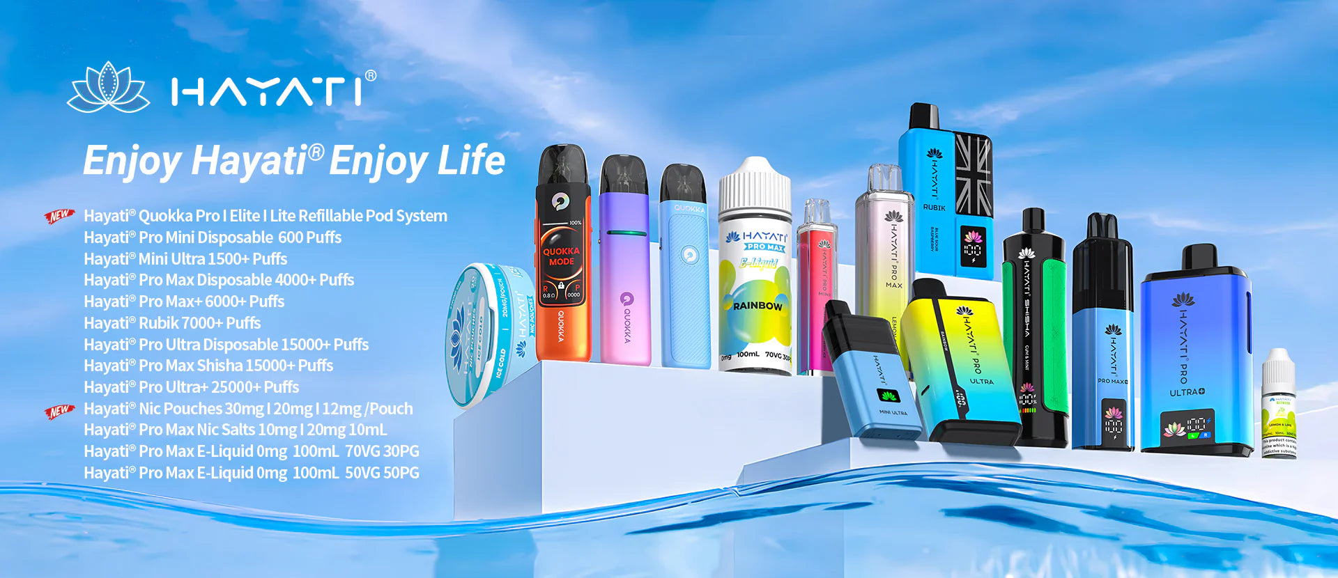 Display of various Hayati vaping devices with a blue sky background