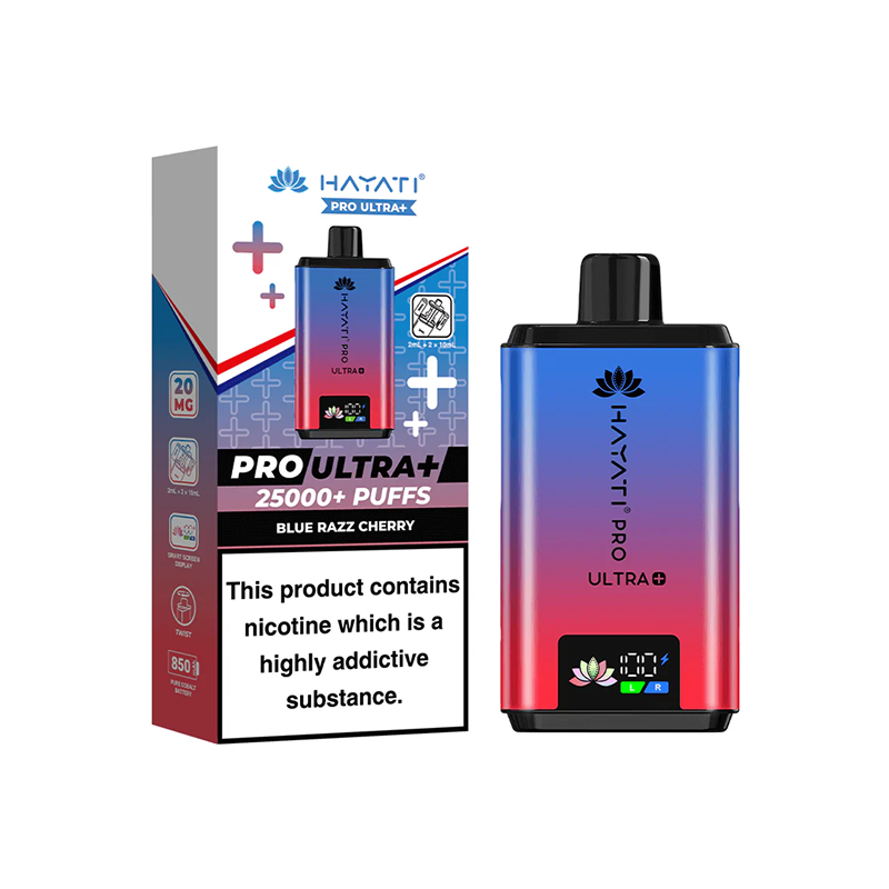 Hayati Pro Ultra Plus blue razz cherry vape device and packaging on a white background