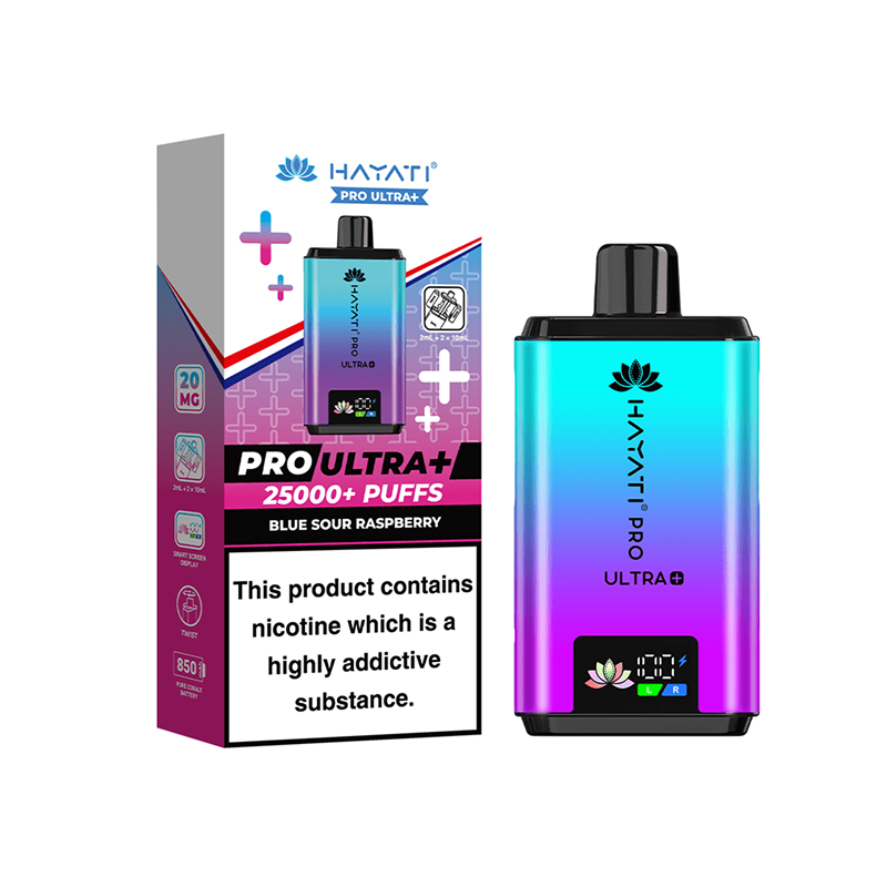 Hayati Pro Ultra+ blue sour raspberry vape device and packaging on a white background