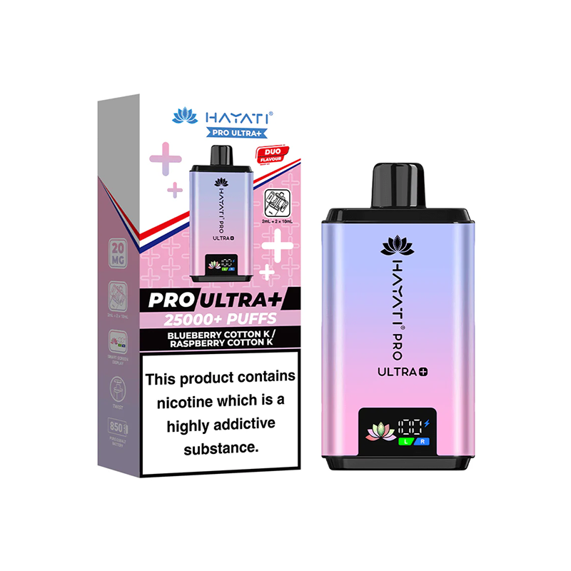 Hayati Pro Ultra Plus blueberry cotton candy raspberry cotton candy vape device and packaging on a white background