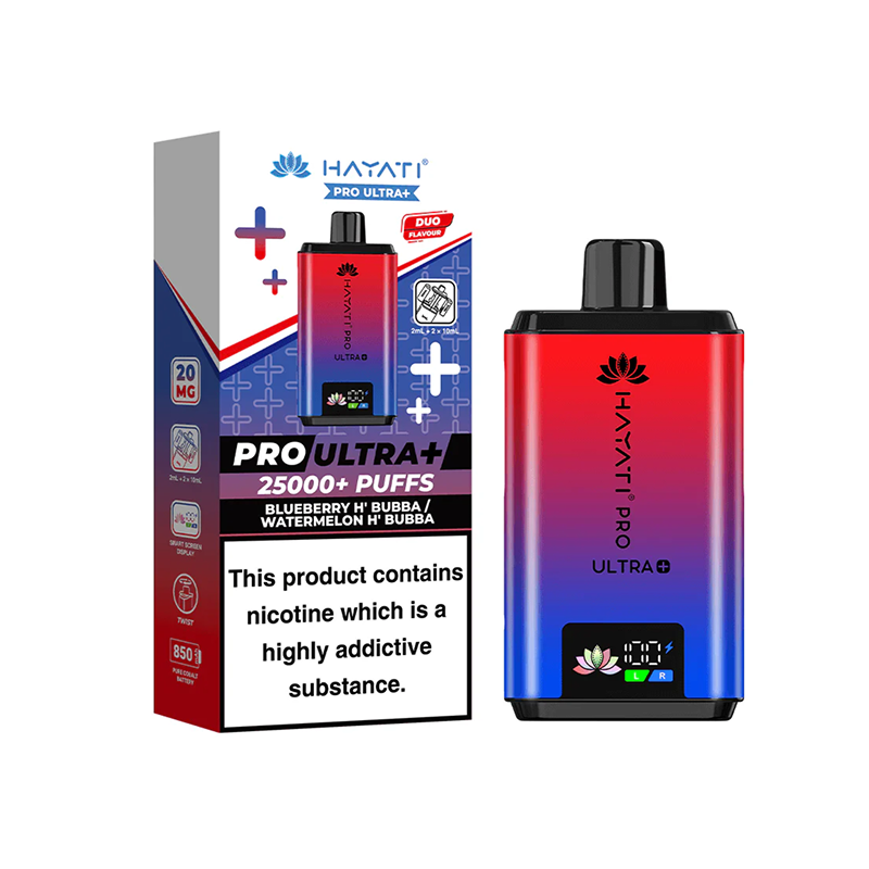 Hayati Pro Ultra blueberry hbubba watermelon bbubba vape device and packaging on a white background
