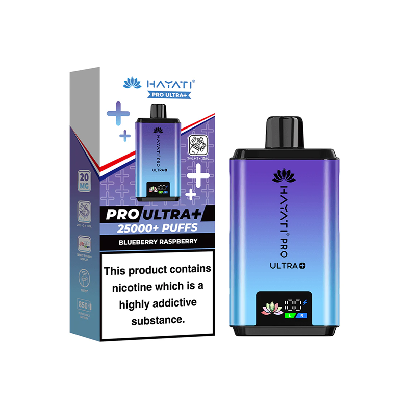 Hayati Pro Ultra plus blueberry raspberry vape device and packaging on a white background