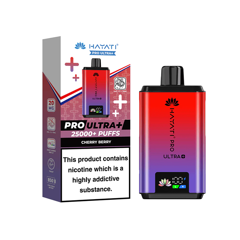 cherry berry hayati pro ultra plus vape kit with it's box in white background