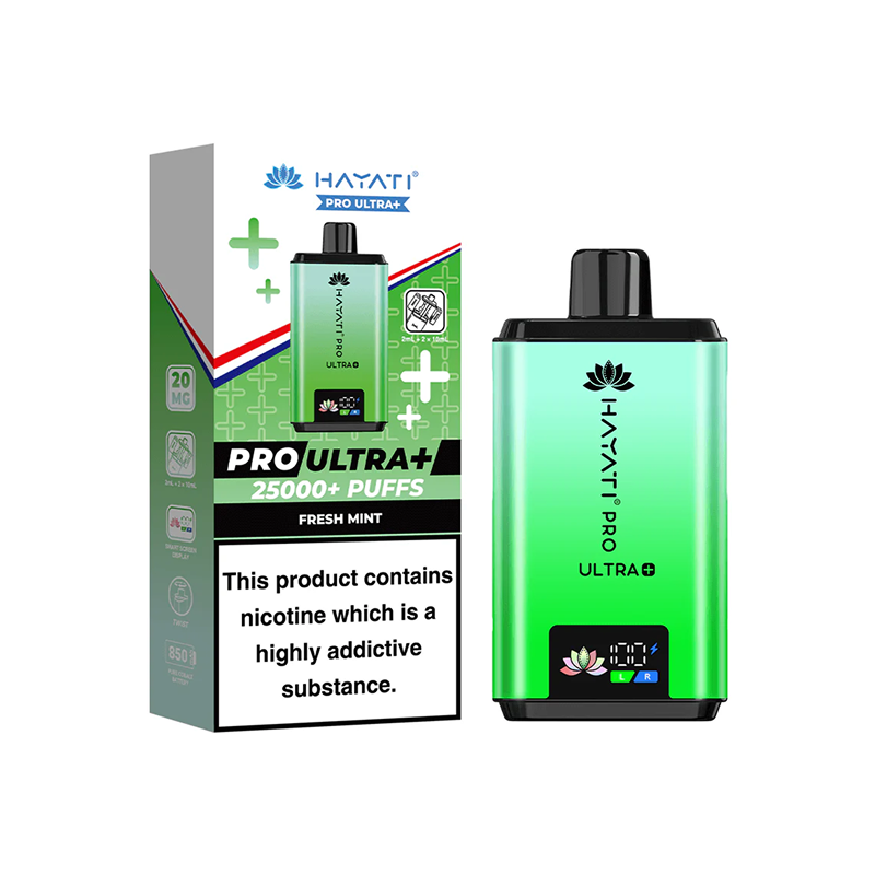 Hayati Pro Ultra Plus Fresh Mint vape device and packaging on a white background