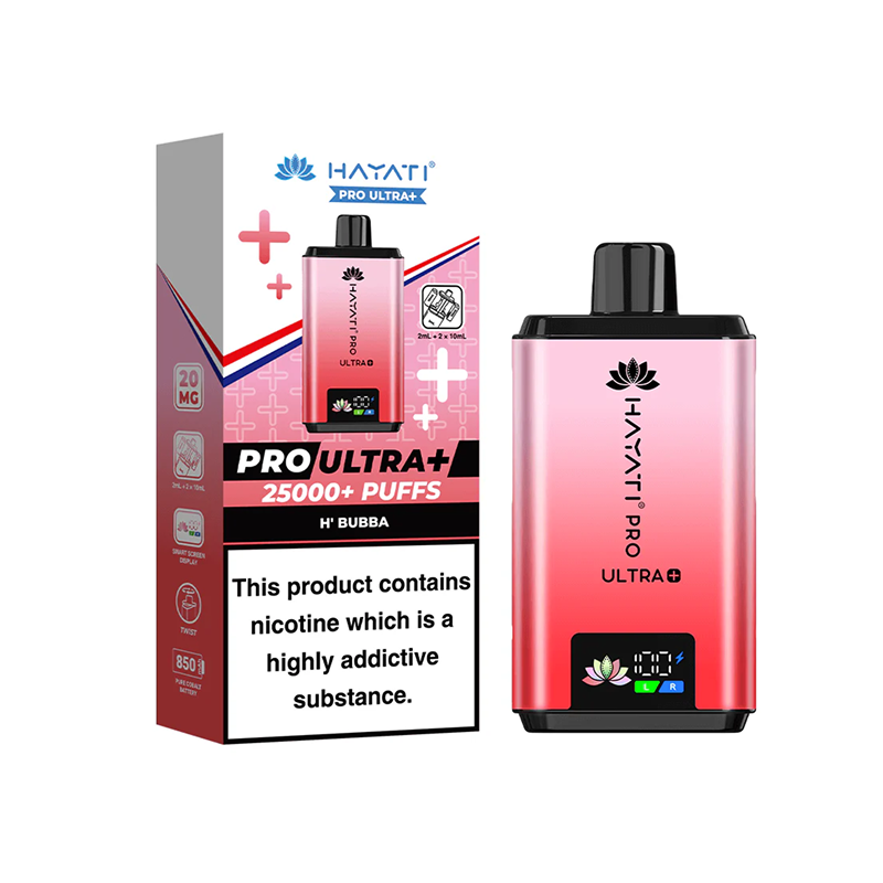 Hayati Pro Ultra+ h-bubba vape device and packaging on a white background