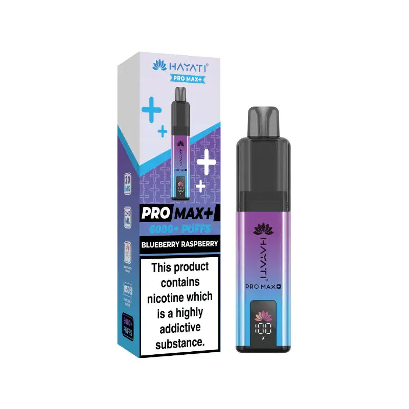 Hayati Pro Max+ vape device and packaging on a white background