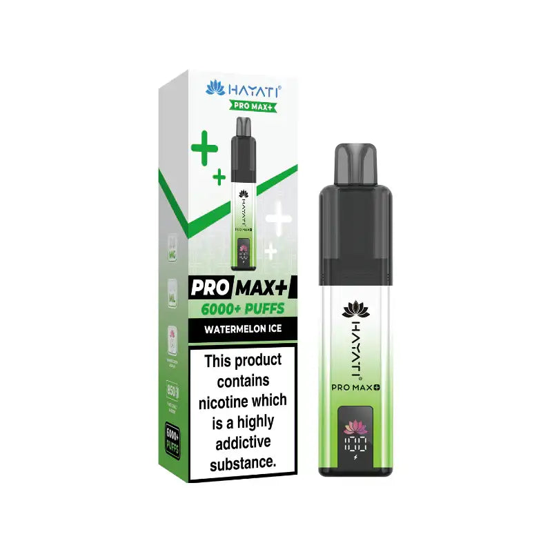 Hayati Pro Max+ vape device and packaging on a white background