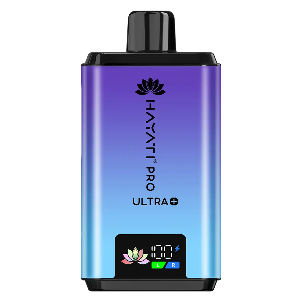 Vape device with gradient purple to blue color and 'Hayati Pro Ultra blueberry raspberry ' on a white background.