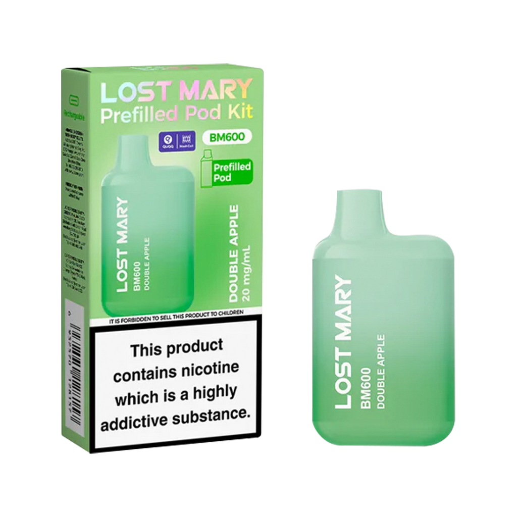 Lost Mary prefilled pod kit packaging with green pod on a white background