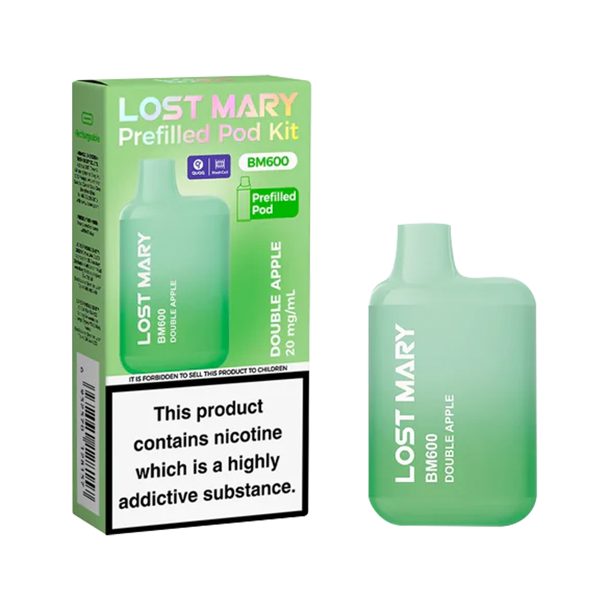 Lost Mary prefilled pod kit packaging with green pod on a white background
