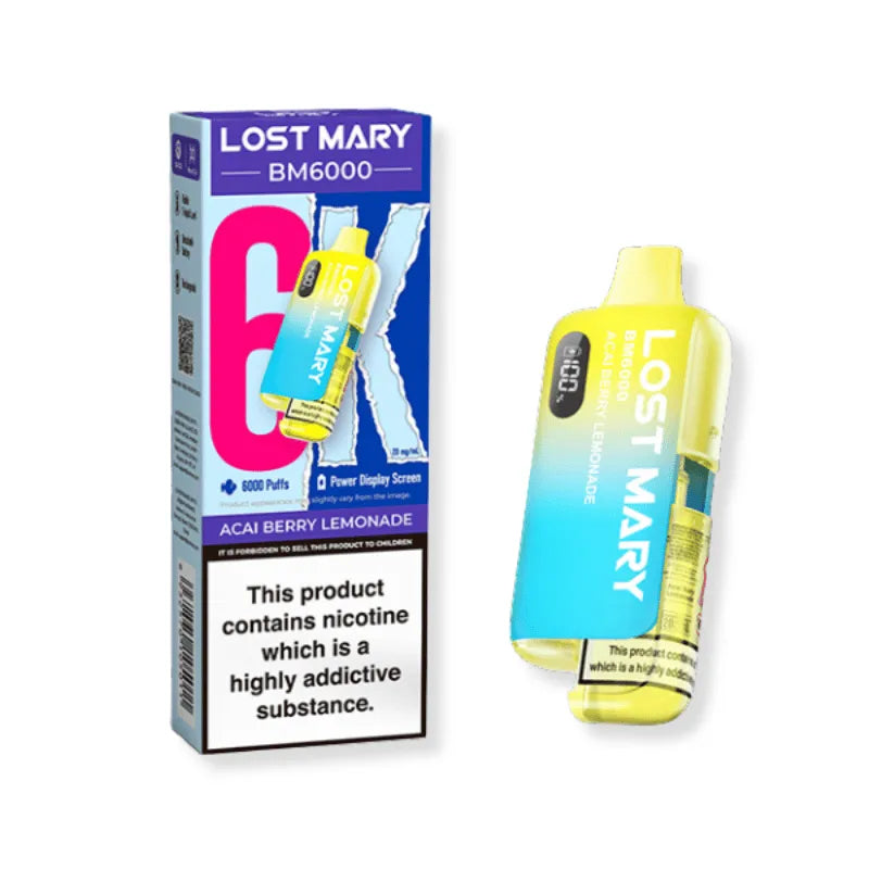 Lost Mary Acai Berry Lemonade vaping device and packaging on a white background