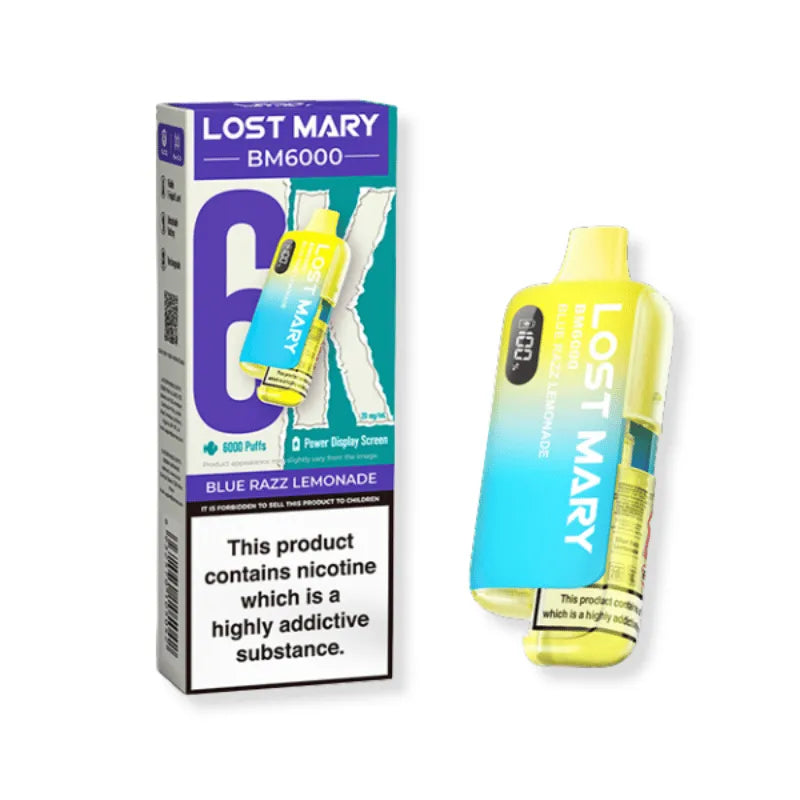 Lost Mary bm6000 Blue Razz Lemonade vaping device and packaging on a white background