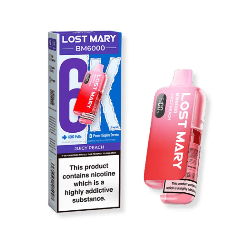 lost mary bm6000 Juicy Peach vaping device and packaging on a white background