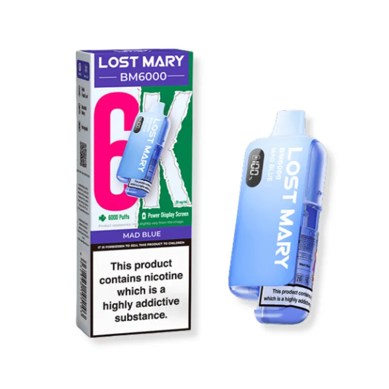 Lost Mary BM6000 mad blue vape device and packaging on a white background