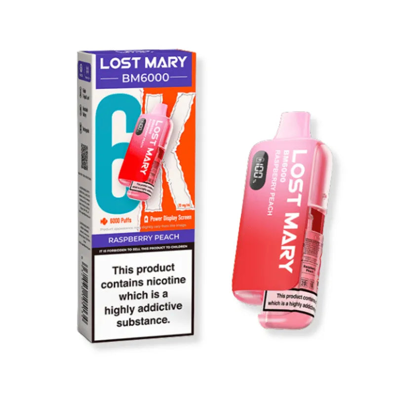 Lost Mary bm6000 Raspberry Peach vaping device and packaging on a white background
