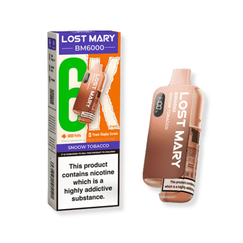 Lost Mary BM6000 Snoow Tabacco vape device and packaging on a white background