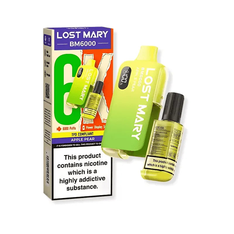 Lost Mary BM6000 apple pear vaping device and packaging on a white background