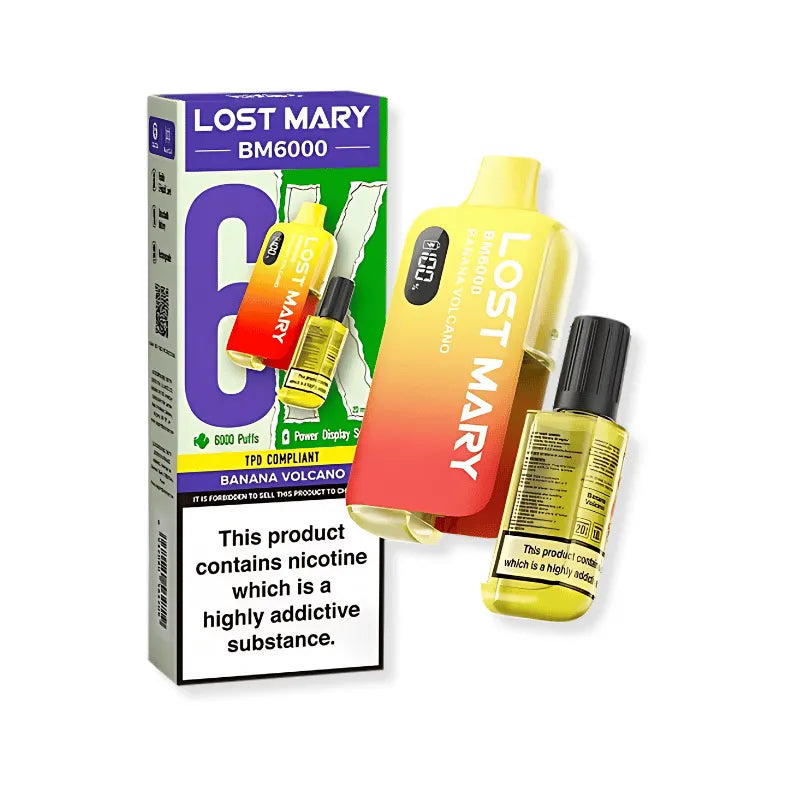 Lost Mary bm6000 banana volcano vaping device and packaging on a white background
