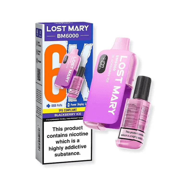 Lost Mary Blackberry ice vaping device and packaging on a white background