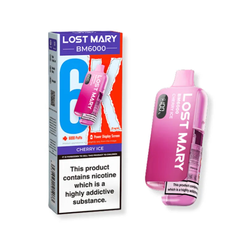 Lost Mary BM6000 cherry ice vape pen and packaging on a white background