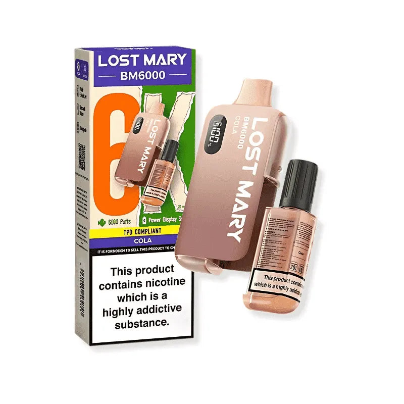 Lost Mary Bm6000 cola vaping device and packaging on a white background