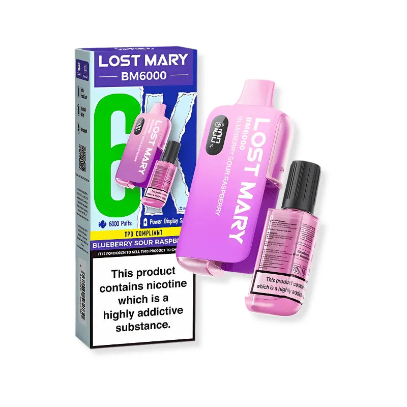 Lost Mary BM6000 blueberry sour raspberry vaping device and packaging on a white background
