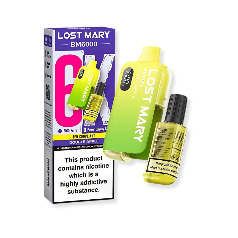 Lost Mary double apple vaping device and packaging on a white background