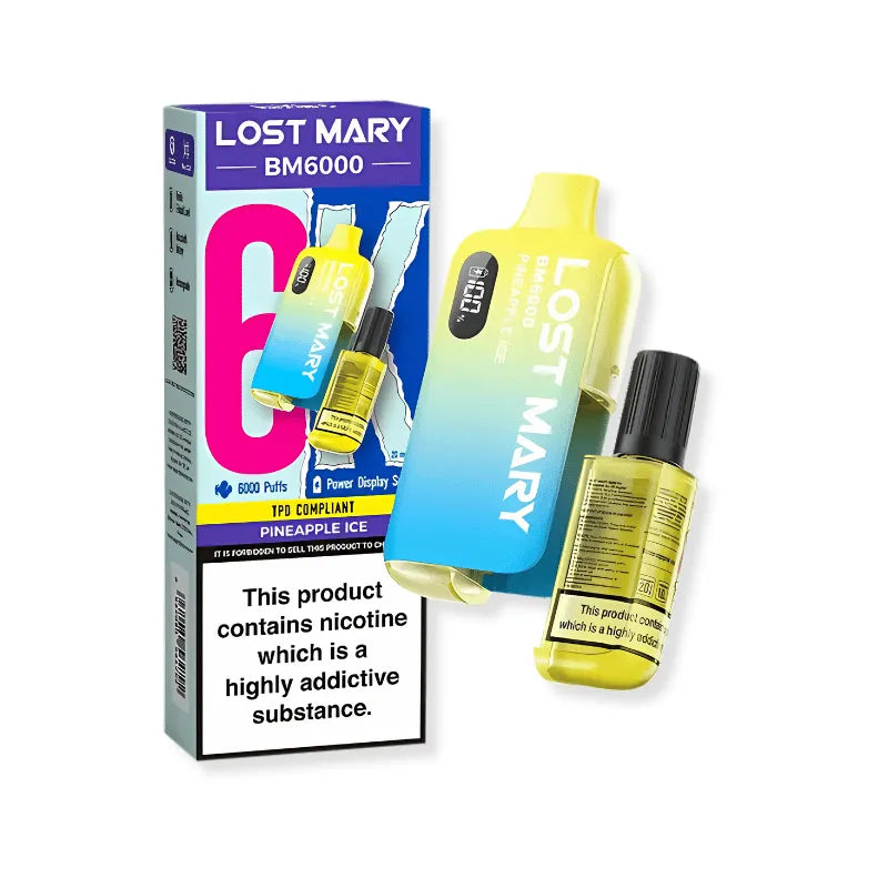 lost mary bm6000 pineapple ice vape device and packaging on a white background