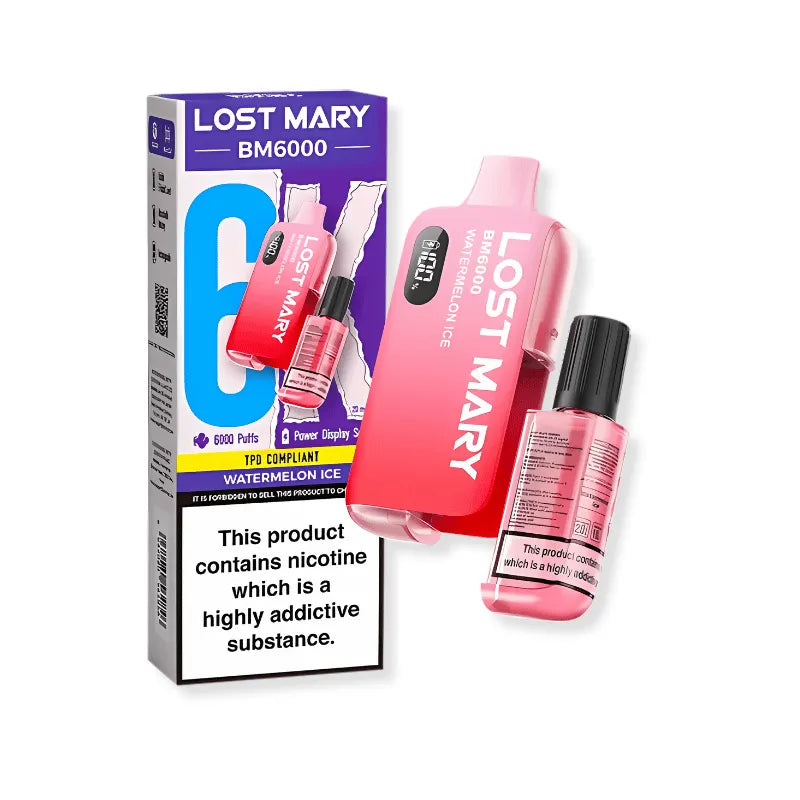 Lost Mary bm6000 watermelon ice vaping device and packaging on a white background