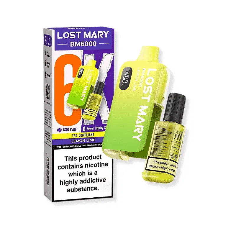 Lost Mary bm6000 lemon lime vaping device and packaging on a white background