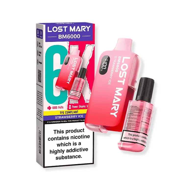 lost mary bm6000 strawberry ice vaping device and packaging on a white background