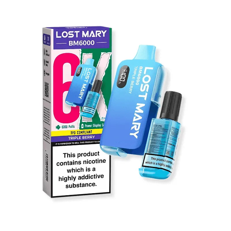 Lost Mary BM6000 triple berry vaping device and packaging on a white background