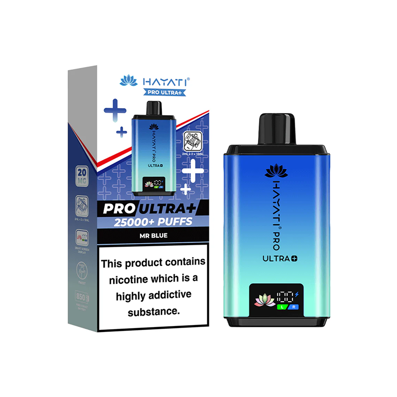 Hayati Pro Ultra Plus mr blue vape device and packaging on a white background