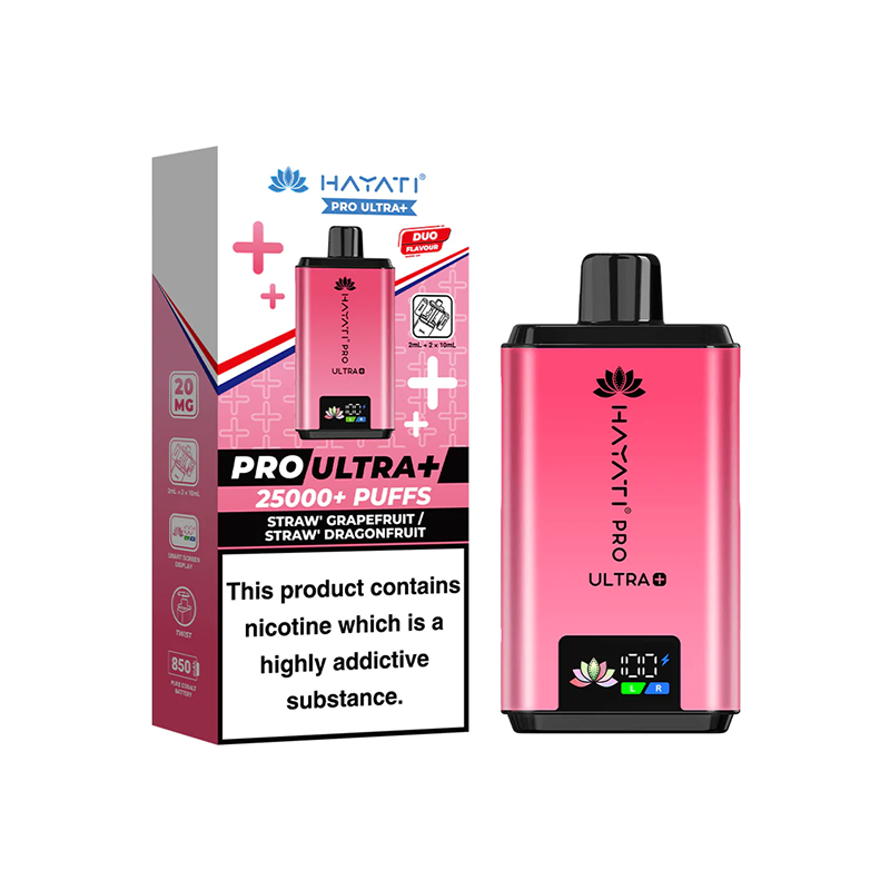 Hayati Pro Ultra Plus strawberry grapefruit strawberry dragonfruit vape device and packaging on a white background