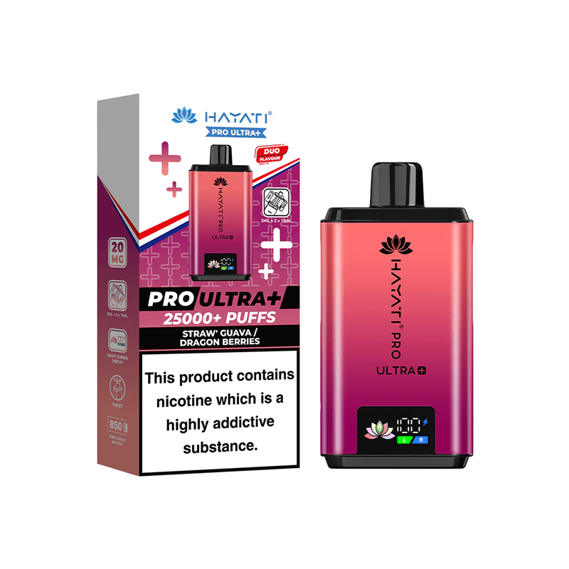 Hayati Pro Ultra Plus strawberry guava dragon berries vape device and packaging on a white background