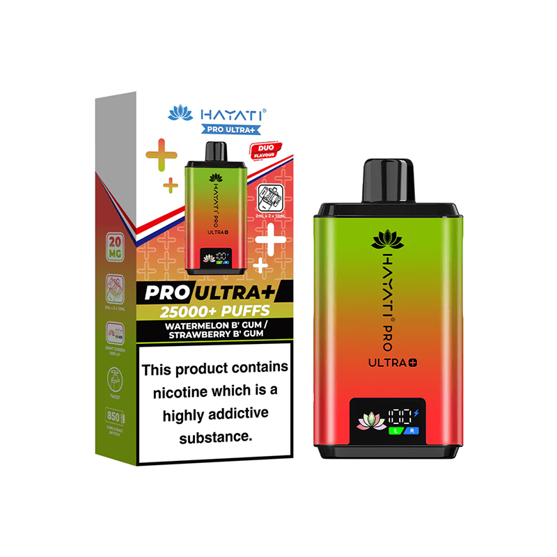Hayati Pro Ultra Plus  watermelon bubblegum strawberry bubblegum vape device and packaging on a white background